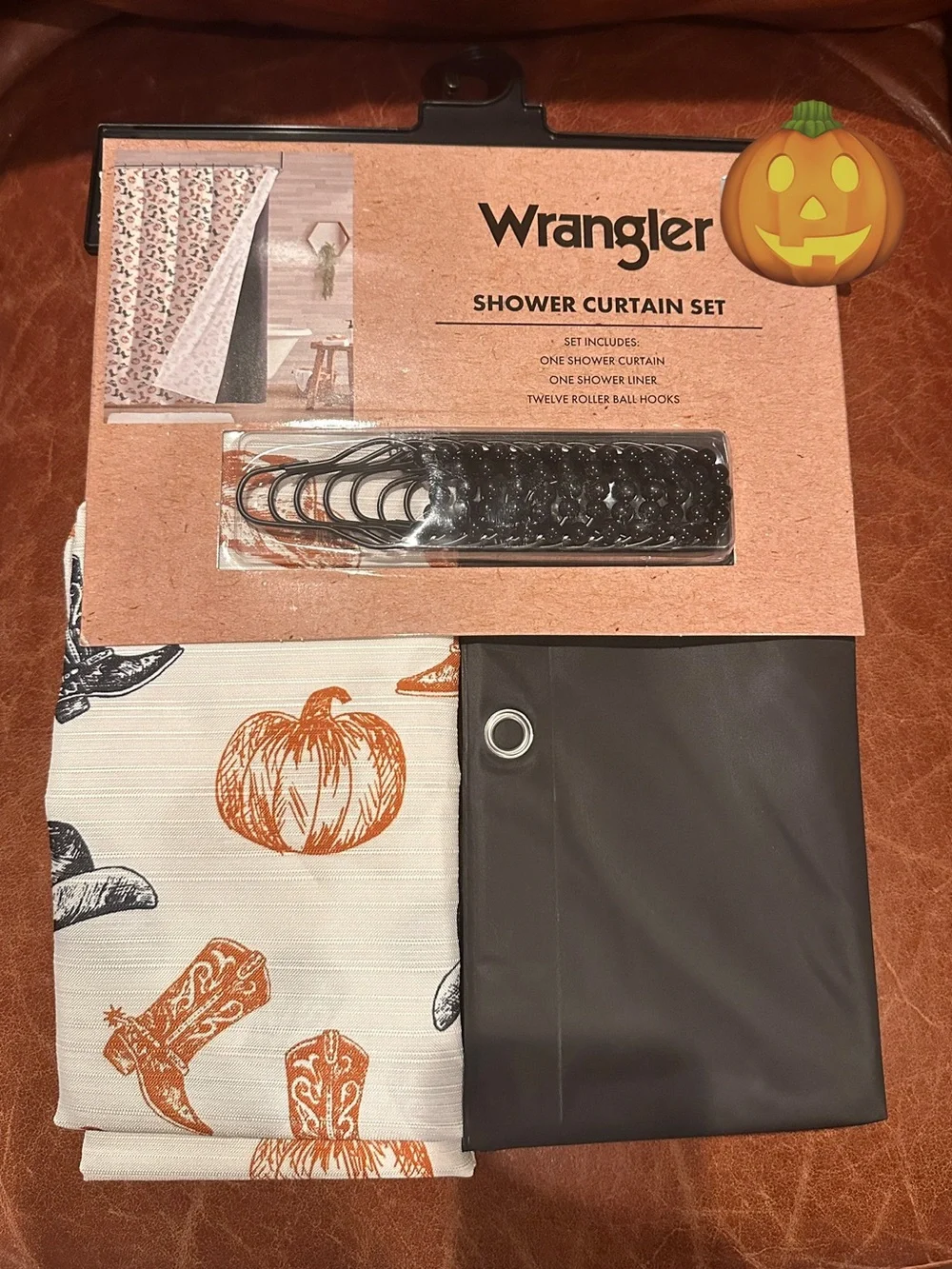 Wrangler Fall Pumpkin & Cowboy Boot Shower Curtain - Orange & Black